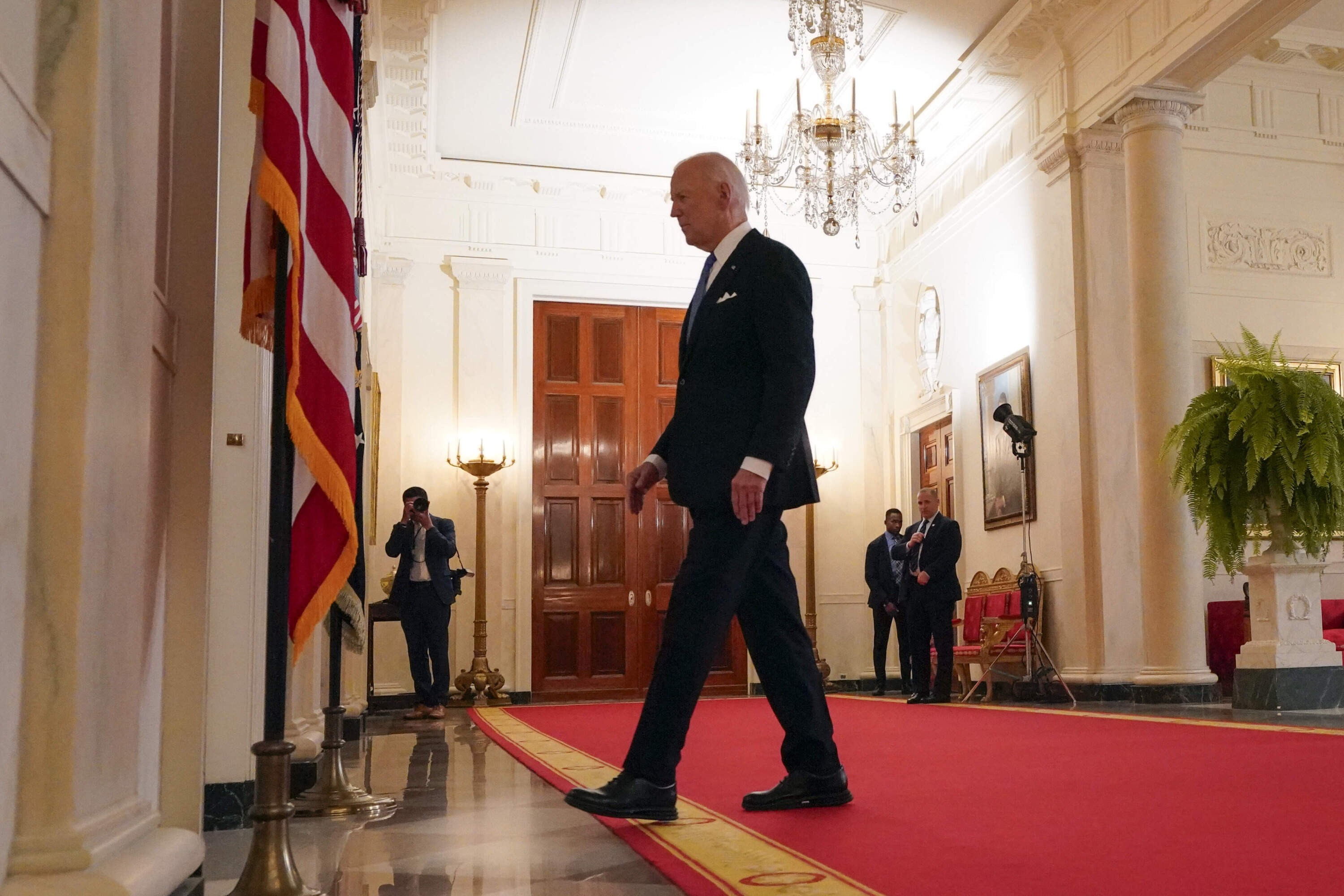 President Joe Biden walks from the podium after speaking in the Cross Hall of the White House Monday, July 1, 2024, in Washington. (Jacquelyn Martin/AP)