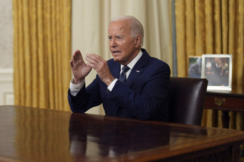 President Joe Biden addresses the nation from the Oval Office of the White House in Washington, Sunday, July 14, 2024, about the assassination attempt of Republican presidential candidate former President Donald Trump at a campaign rally in Pennsylvania. (Erin Schaff/The New York Times via AP, Pool)