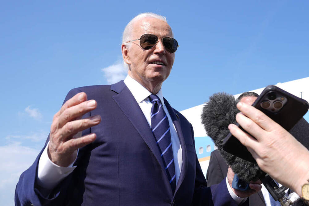 President Joe Biden speaks with reporters at Andrews Air Force Base, Md., Monday, July 15, 2024. as he heads to Las Vegas. (Susan Walsh/AP)