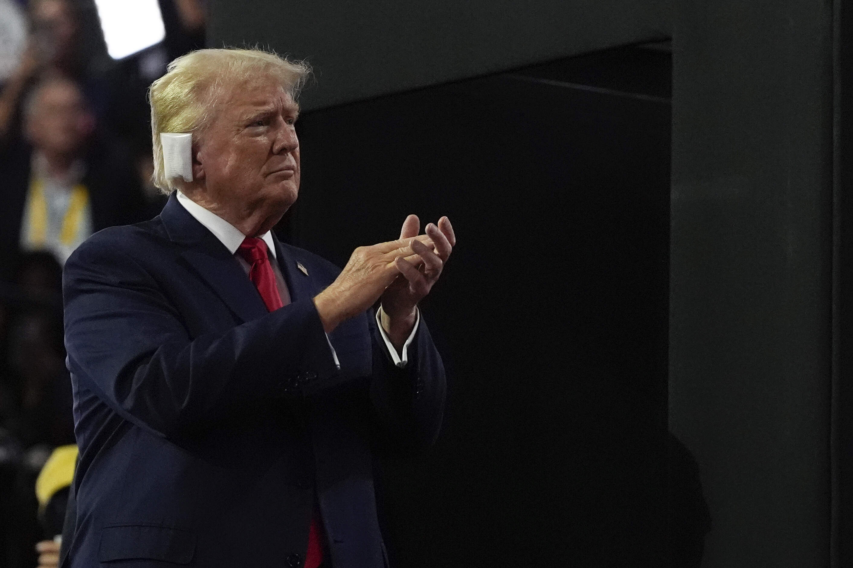 Republican presidential candidate former President Donald Trump appears during the Republican National Convention in Milwaukee. (Julia Nikhinson/AP)