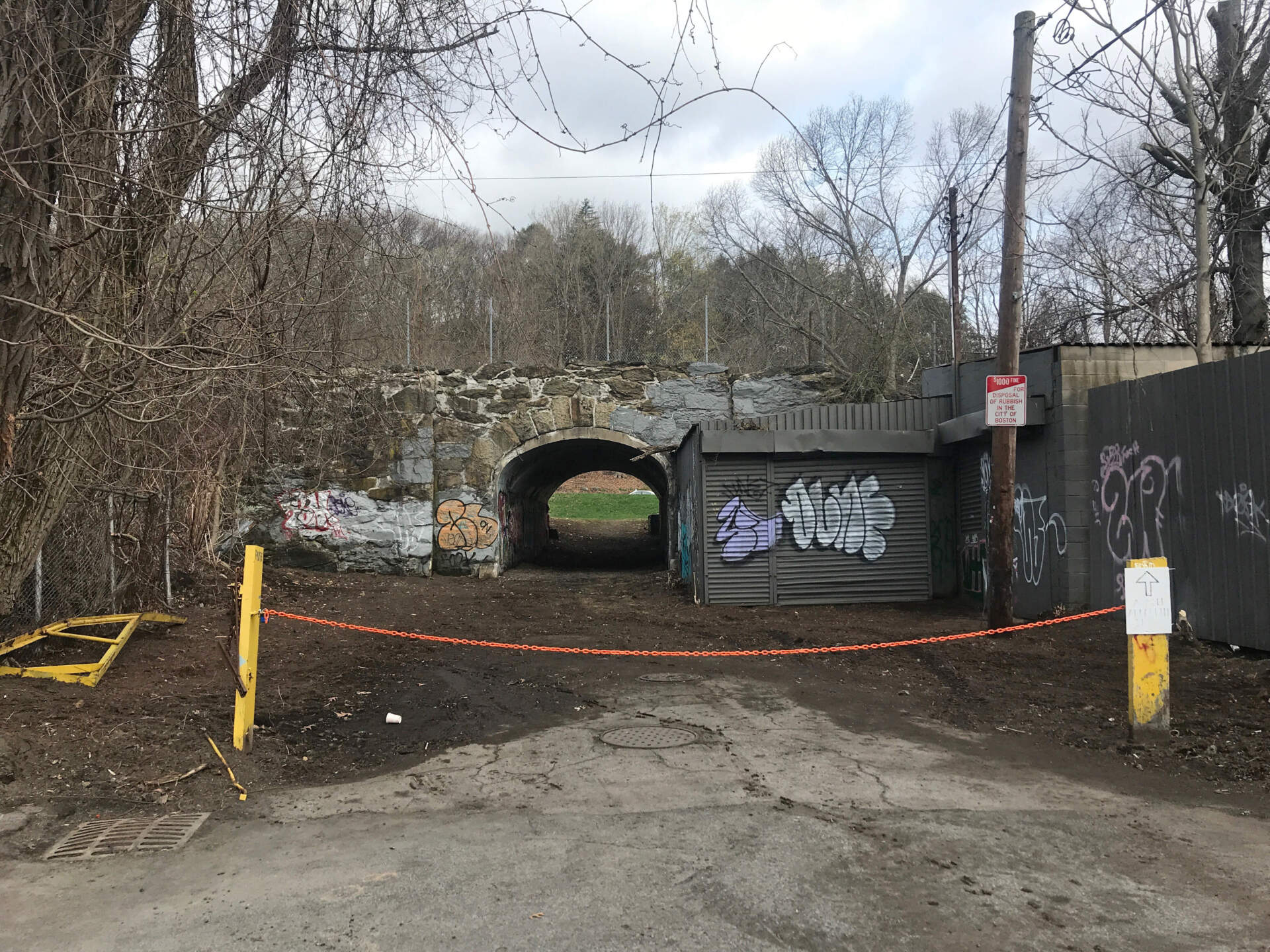 The Arboretum Road entrance to the Arnold Arboretum before its recent renovation began. (Courtesy Danny Schissler/Arnold Arboretum of Harvard University)