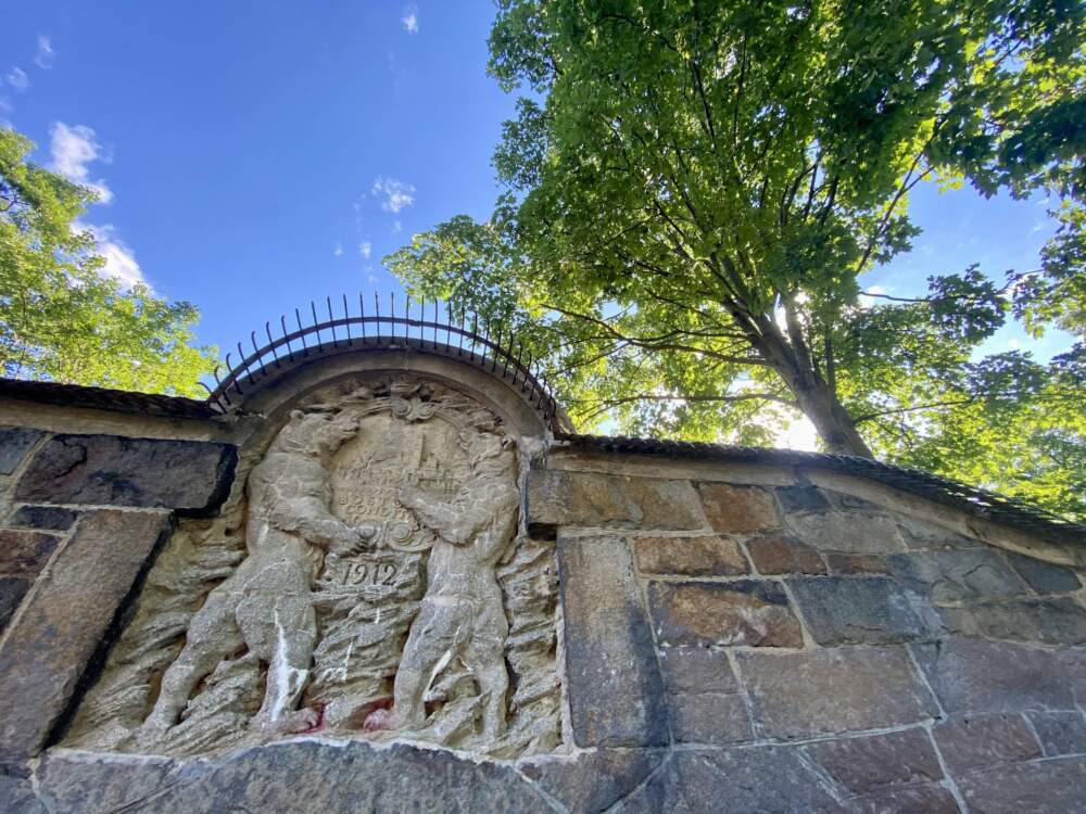 At Franklin Park's old bear dens, a frieze with two bears holding a City of Boston crest dated 1912. (Courtesy Christina Ganim)