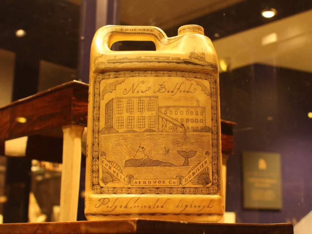 Riley paints and waxes the plastic he uses so it resembles whalebone more closely. (Ben Berke/The Public's Radio)