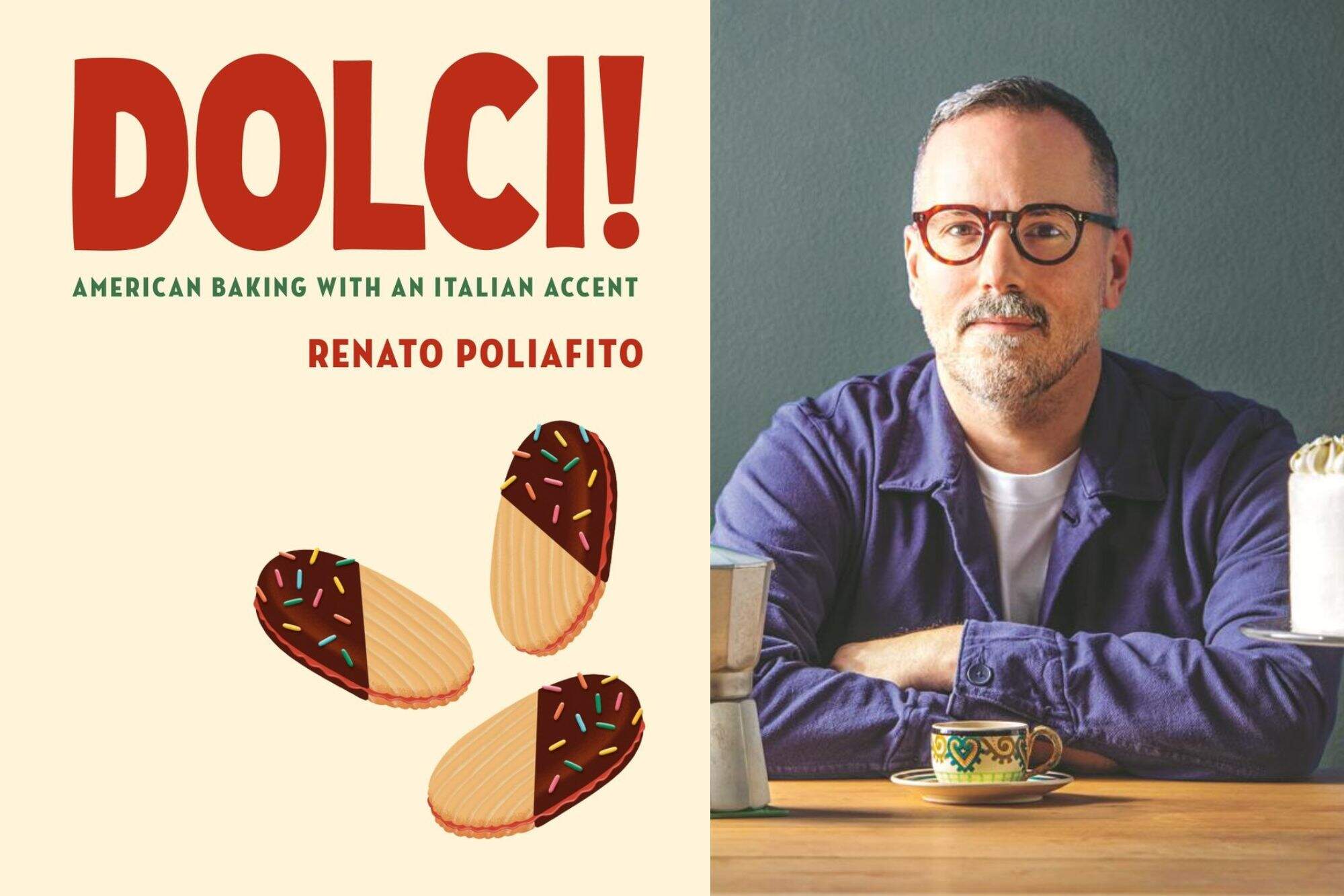 The cover of "DOLCI!" and author Renato Poliafito. (Courtesy of Knopf and Kevin Miyazaki)