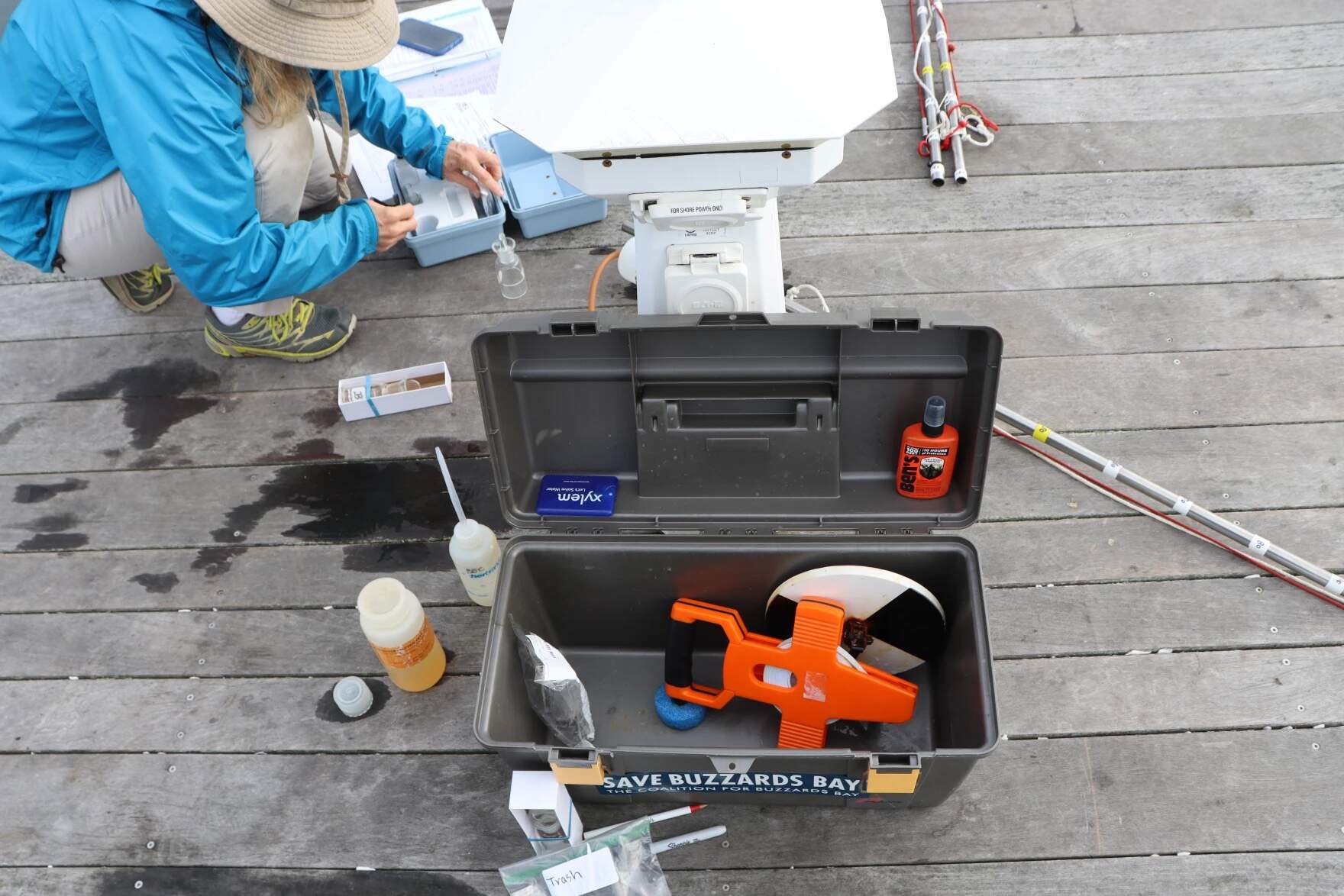 Volunteer Lisa Kingston continues the hour-and-a-half long process to submit water quality data to the Buzzards Bay Coalition. (Eve Zuckoff/CAI)