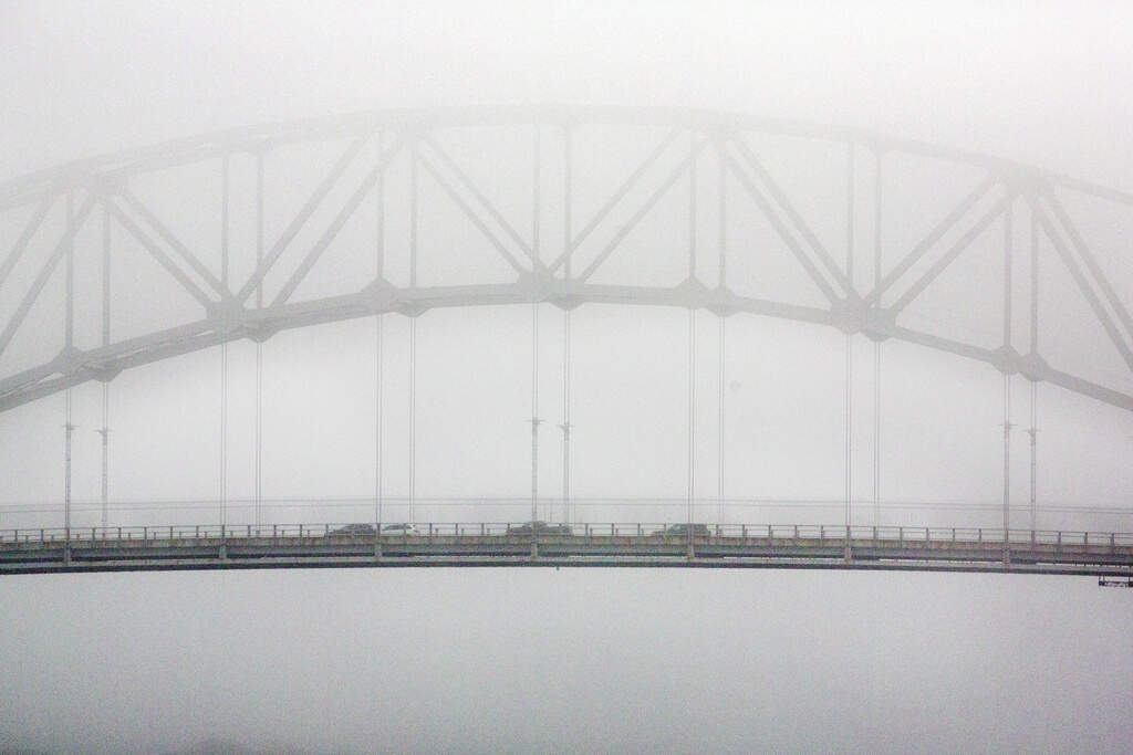 Cars crossing the Sagamore Bridge on a foggy day in 2020. (Michael Dwyer/AP)