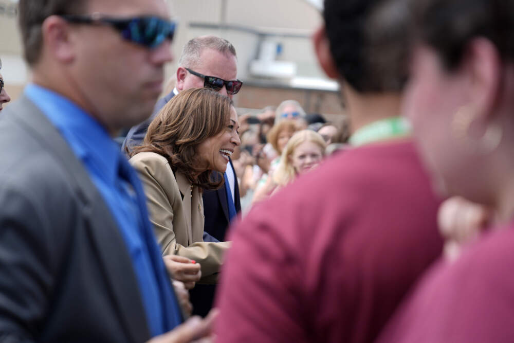 Vice President Kamala Harris greets supporters as she arrives at Westfield-Barnes Regional Airport in Westfield, Mass., Saturday, July 27, 2024. (Stephanie Scarbrough/AP)