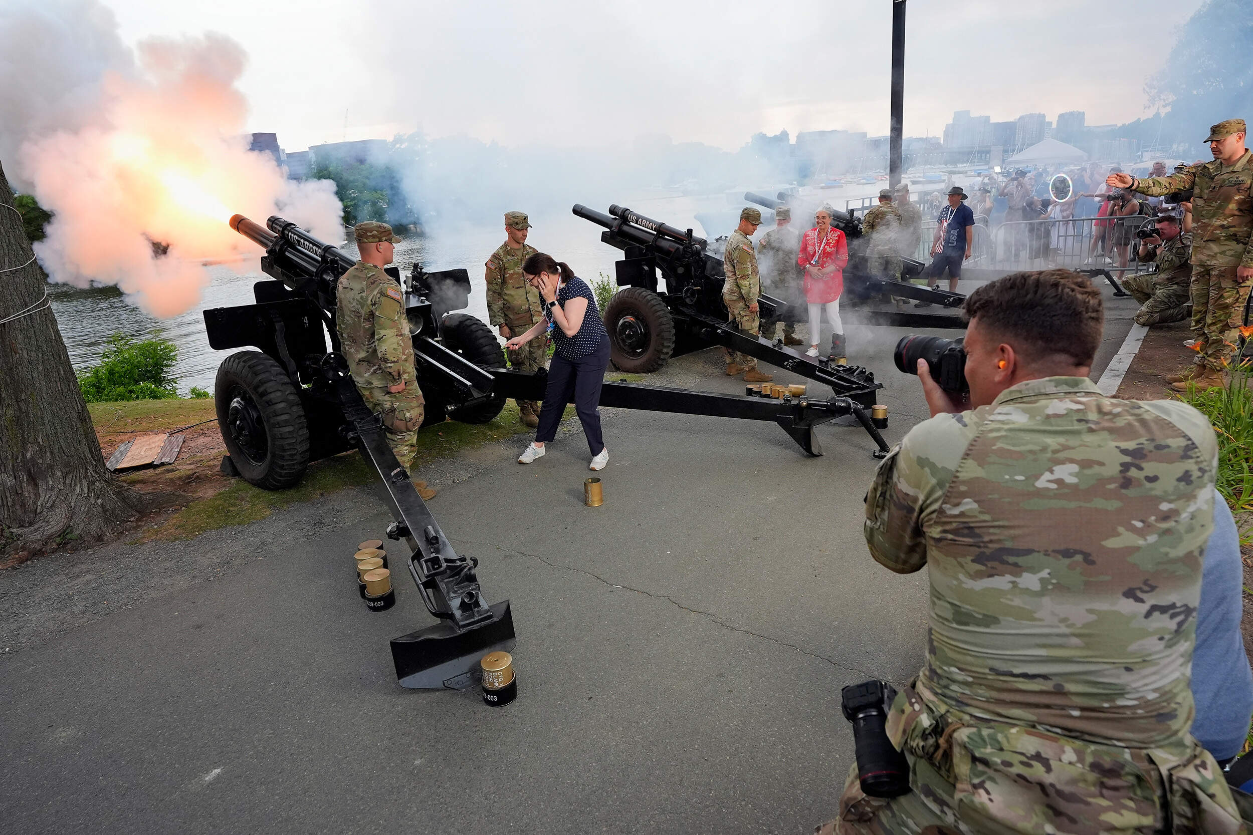 A US Army artillery unit practices firing their canons for the 1812 Overture before the Boston Pops Fireworks Spectacular. (Michael Dwyer/AP)