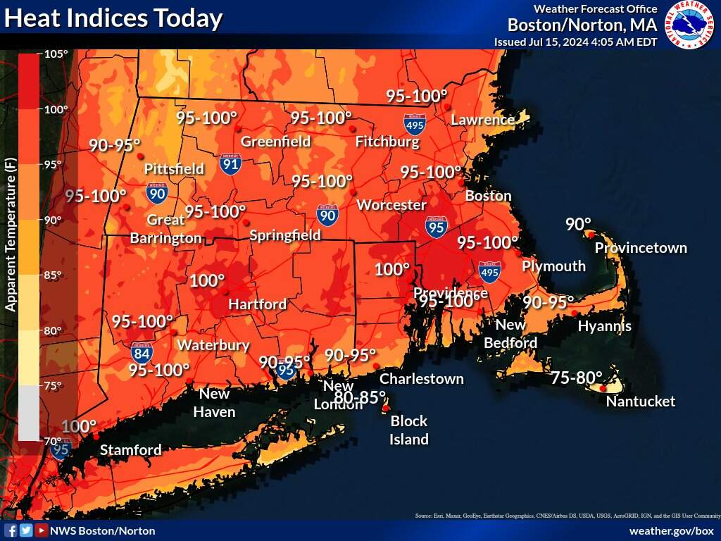A heat index forecast for Monday, July 15 issued by the National Weather Service. (Courtesy of NWS Boston)