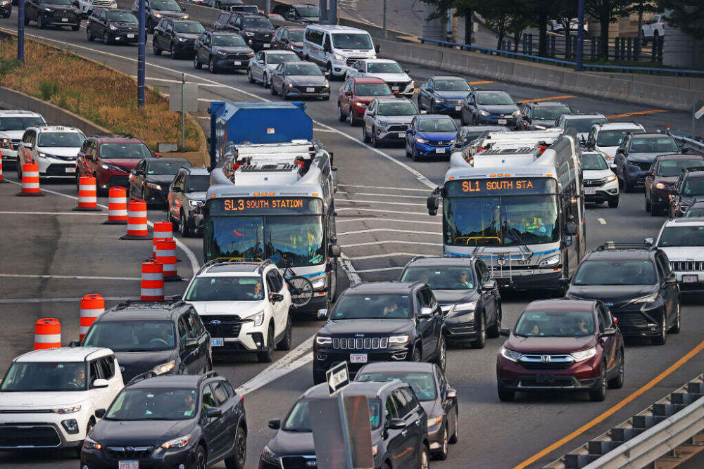 Silver Line buses in rush hour morning traffic by the Ted Williams entrance from the East Boston side during last year's Summer Tunnel closure. (David L. Ryan/The Boston Globe via Getty Images)