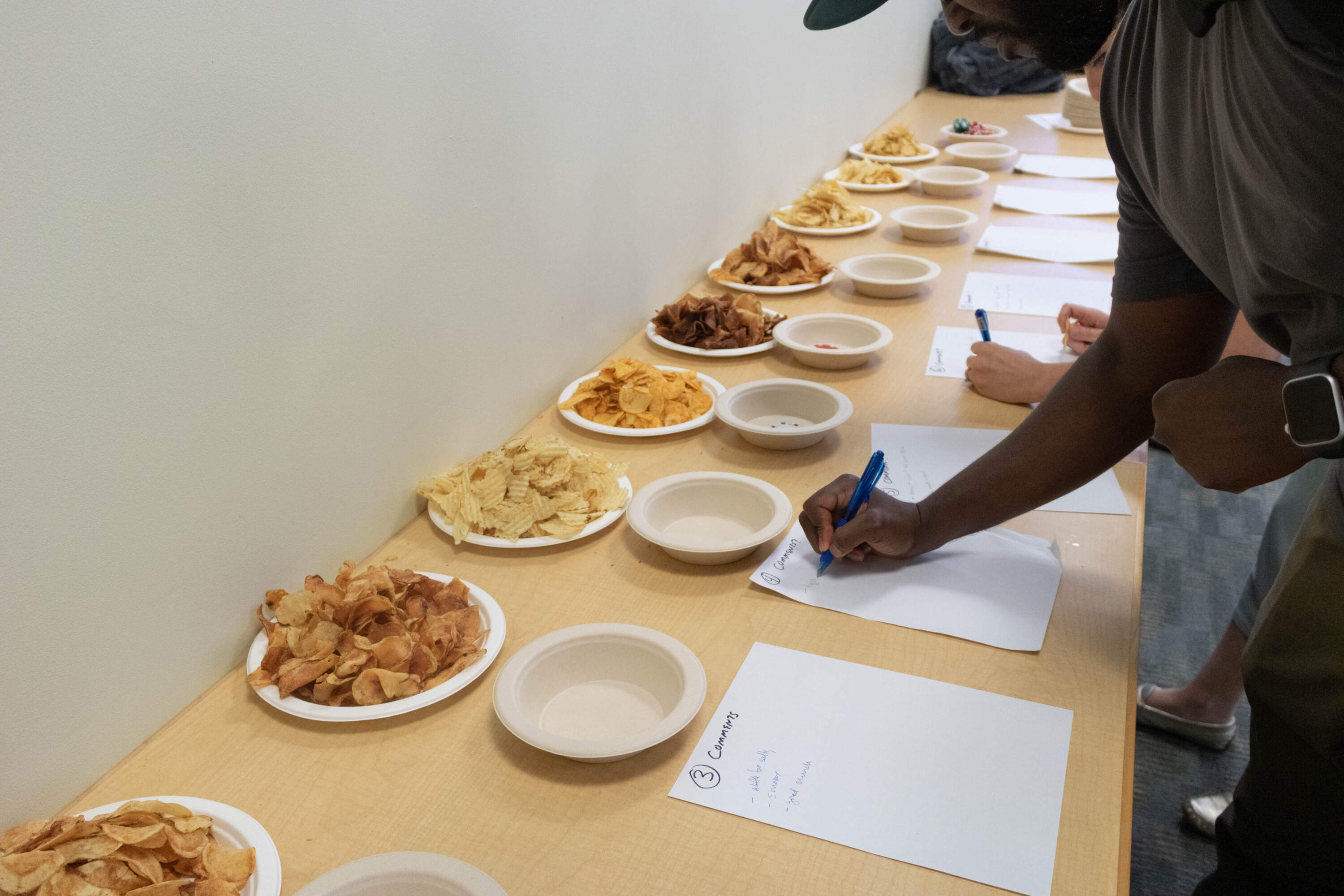 WBUR staffers tried 10 different kinds of potato chips. (Mia Giuliani/Here &amp; Now)