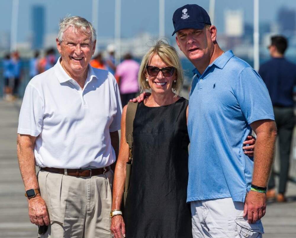 The author, center, with Jack Connors and former Mayor Marty Walsh in 2019 at Camp Harbor View. (Courtesy Camp Harbor View)