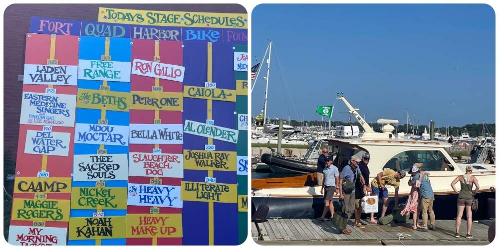 Friday's lineup at the Newport Folk Festival, 2023 (left), and James Taylor and his family arriving to the festival by boat, at Fort Adams State Park in Newport, Rhode Island. (Courtesy Sara Shukla)