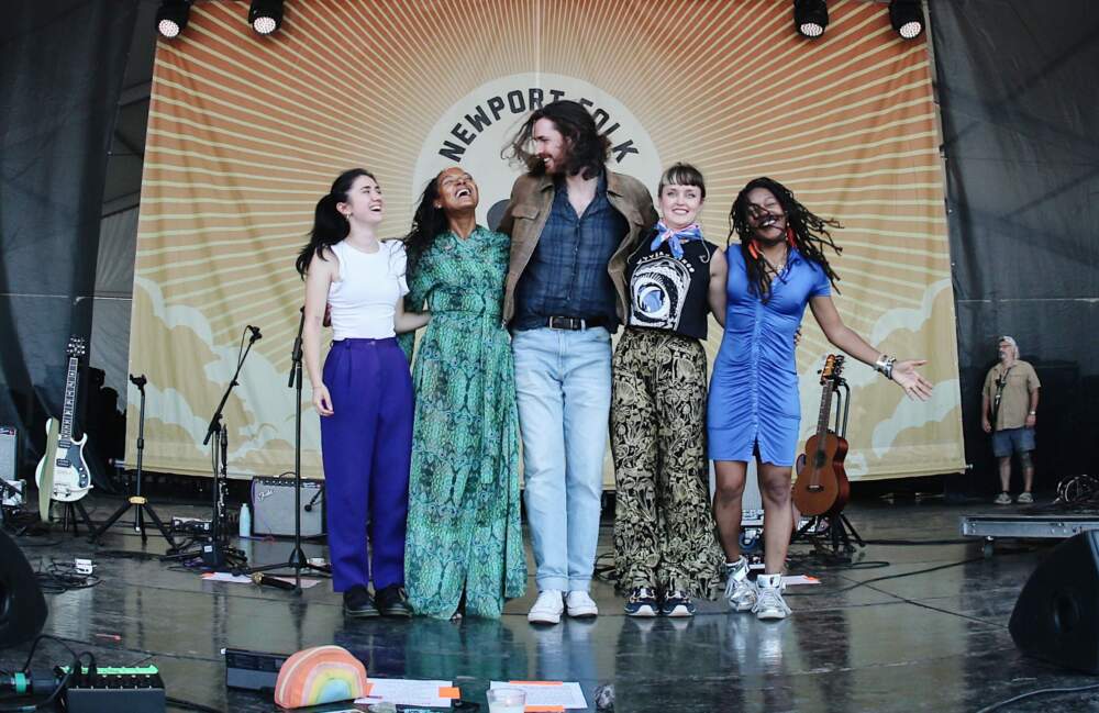 Allison Russell (second from left) with Hozier (middle) and friends at Newport Folk Festival on July 26, 2024. (Courtesy Steve Benoit)