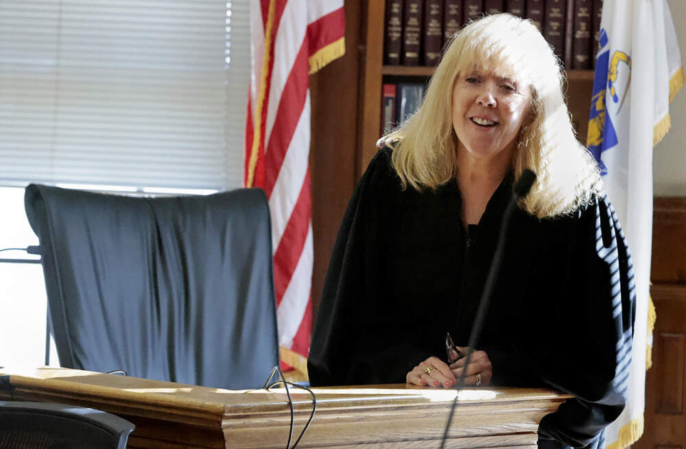 Judge Beverly J. Cannone greets jurors in Norfolk Superior Court, on their fifth day of deliberations in the murder trial for Karen Read in Dedham, Mass.(Pat Greenhouse/The Boston Globe via AP)