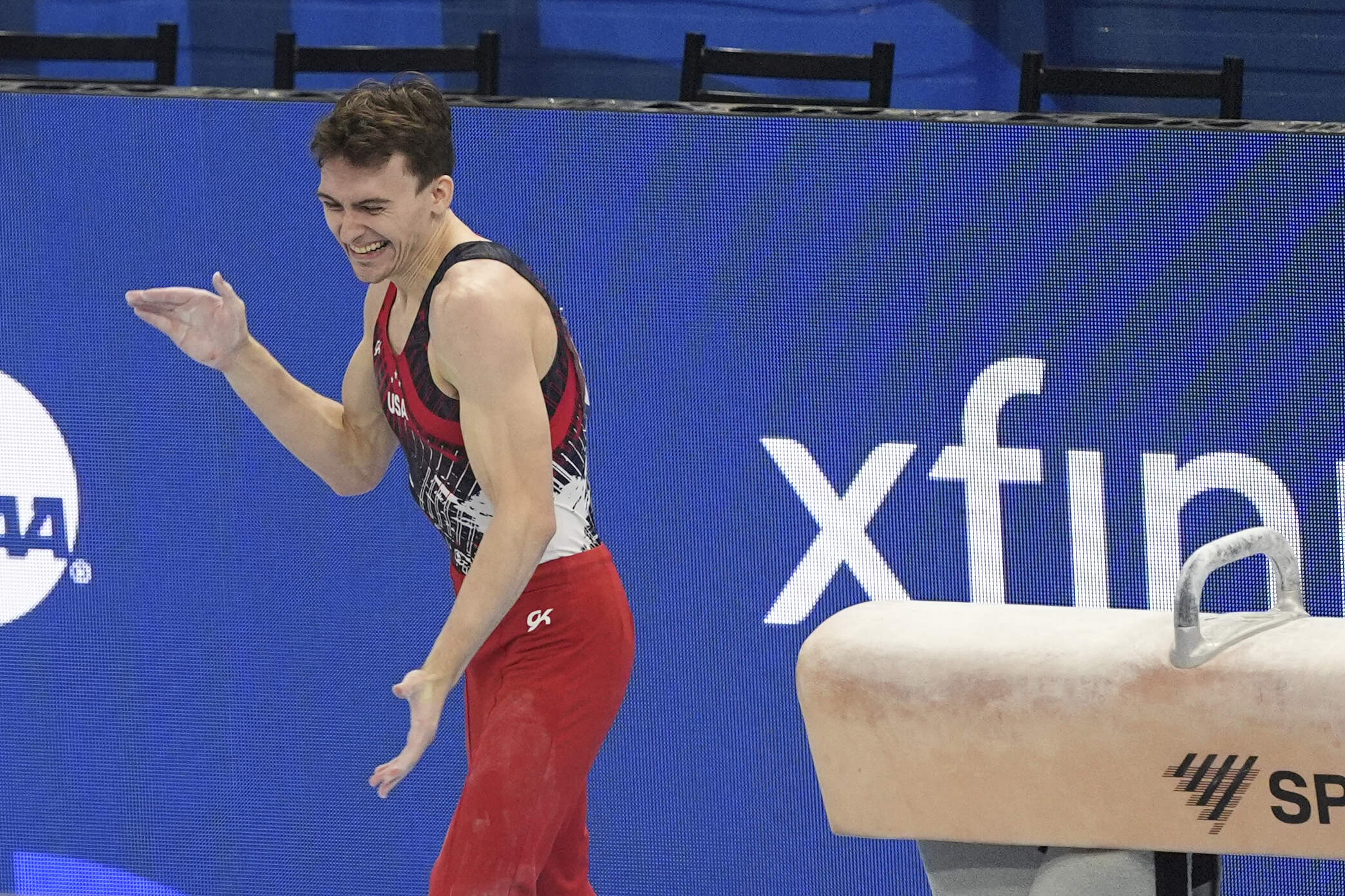 Worcester native Stephen Nedoroscik competes on the pommel horse at the United States Gymnastics Olympic Trials. (Abbie Parr/AP)