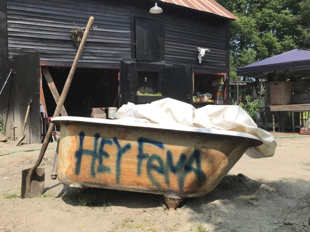 A spray painted bathtub in Glover shortly after last summer's floods devastated communities in Orleans County. (Peter Hirschfeld/Vermont Public)
