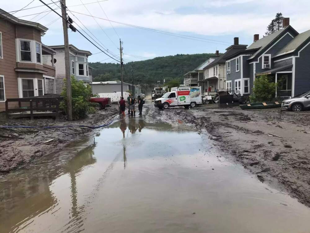 The aftermath of flooding on Second Street in Barre City, pictured July 13, 2023. (Peter Hirschfeld/Vermont Public)