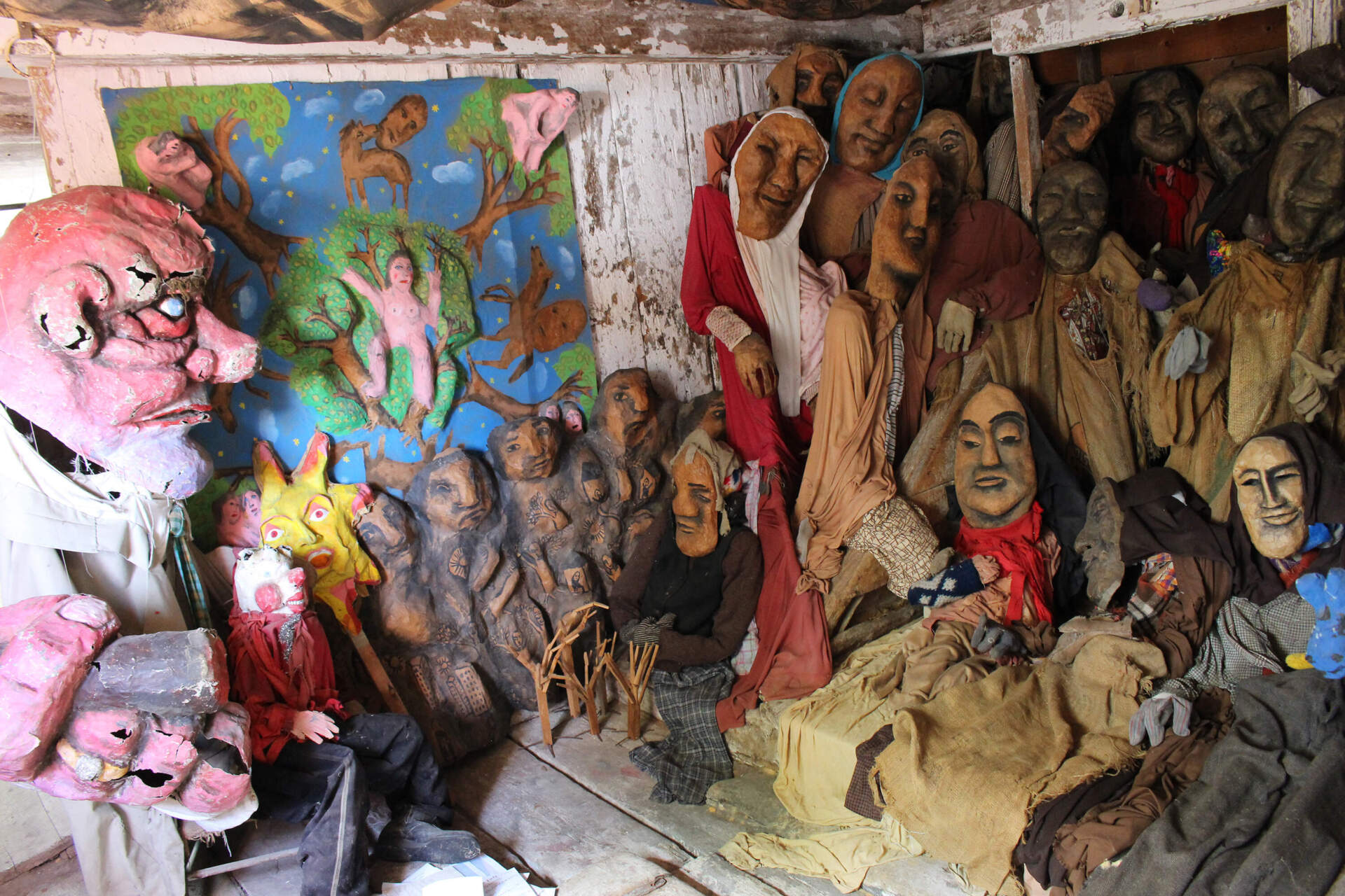 Puppets are displayed inside the Bread and Puppet Museum in Glover, Vermont, on June 12. (Zoe McDonald/Vermont Public)
