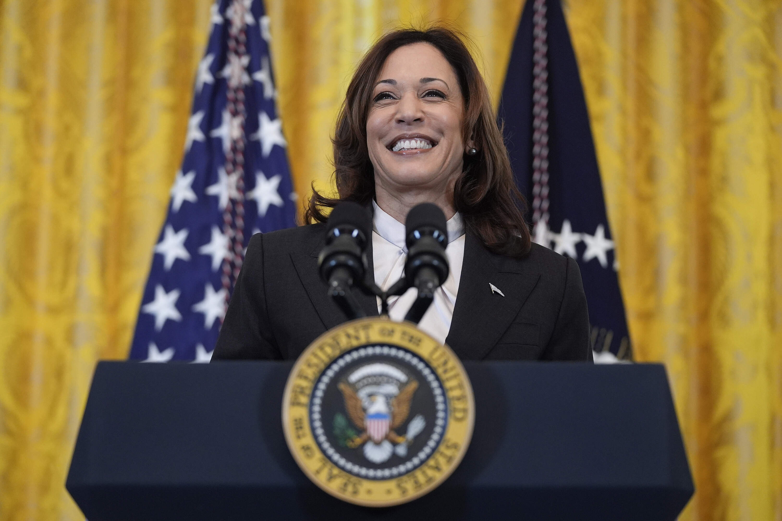 Vice President Kamala Harris speaks in the East Room of the White House on March 18 in Washington. (Evan Vucci/AP file photo)