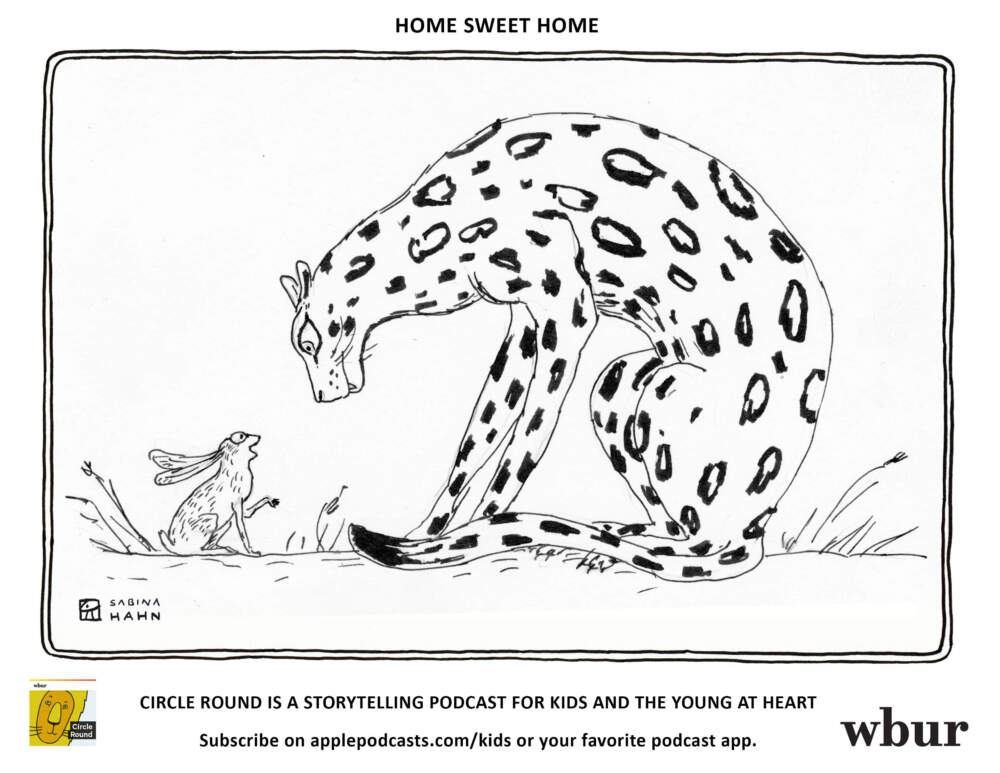 A leopard and a hare in black and white. (Sabina Hahn for WBUR)