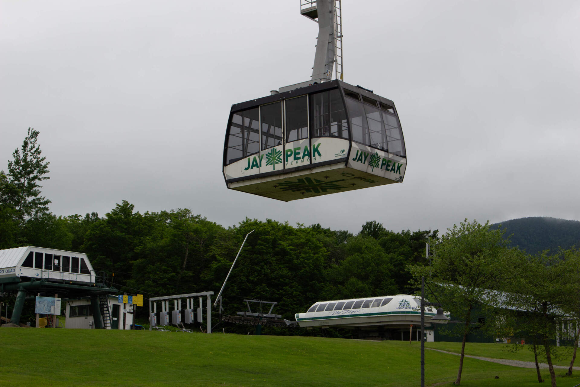 The Jay Peak Resort aerial tram runs to the top of Jay Peak in Jay, Vermont, on June 12. (Zoe McDonald/Vermont Public)