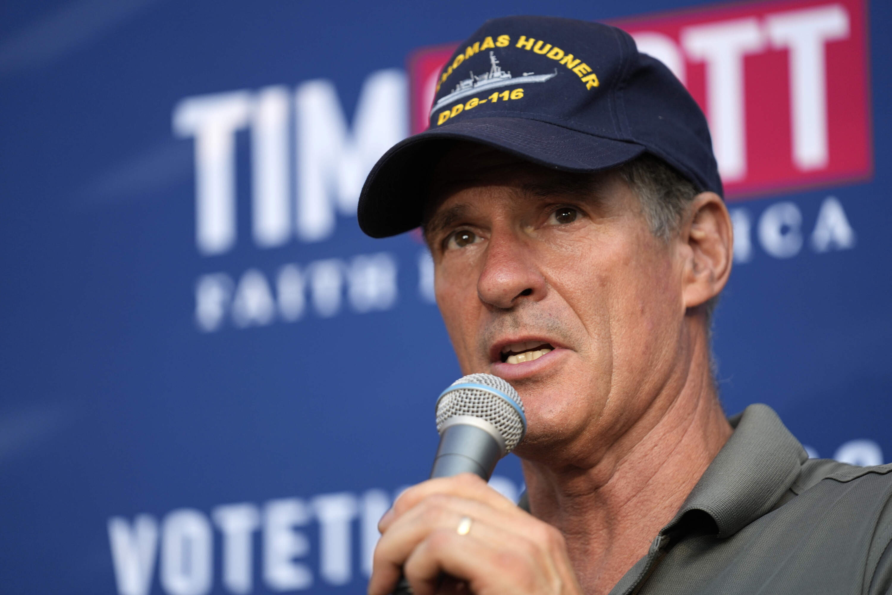 Former Sen. Scott Brown of Massachusetts hosts a campaign event in September 2023 in Rye, N.H. (Robert F. Bukaty/AP)
