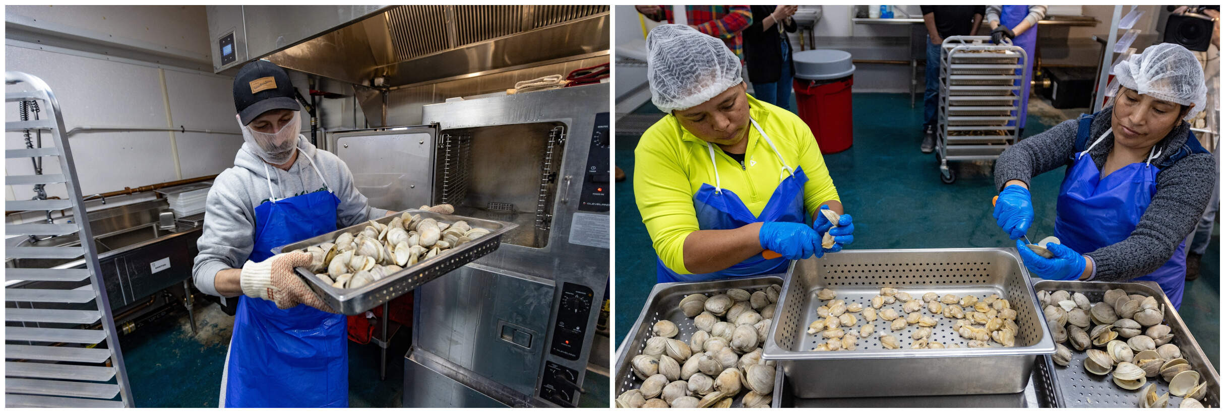 Island Creek chef Joe Gauthier, left, pulls out trays of cooked littleneck clams. The next step is to shuck them. (Jesse Costa/WBUR)