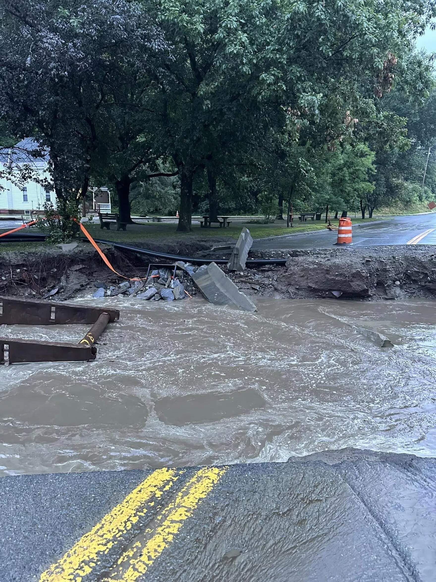 Concord Avenue in St. Johnsbury on Tuesday morning. The Fairbanks Museum in St. Johnsbury recorded 7.96 inches of rainfall, by far the highest on record. (Courtesy of Raven Crow via Vermont Public)