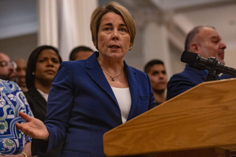 Gov. Maura Healey answers questions from the news media in the State House. (Jesse Costa/WBUR)