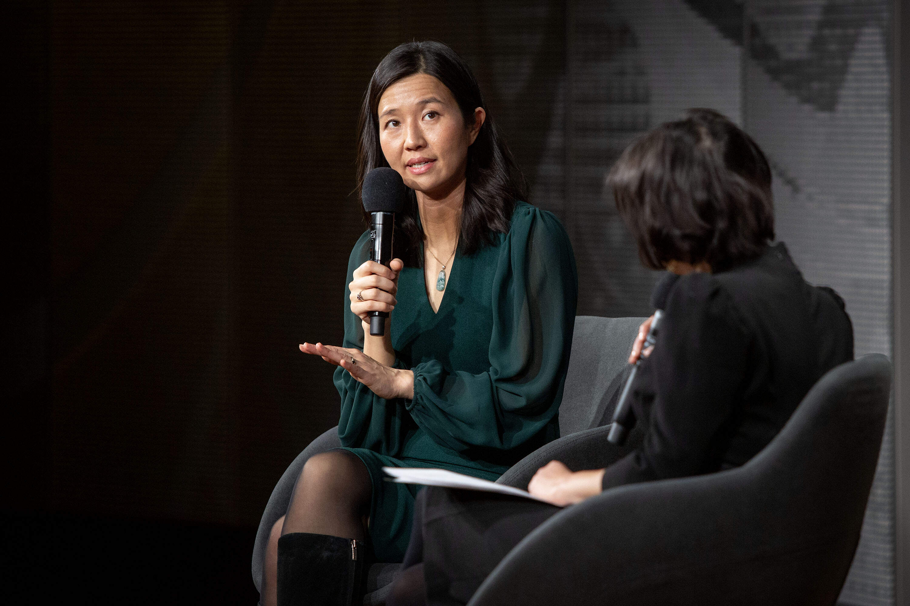 Boston Mayor Michelle Wu speaks at WBUR's CitySpace. (Robin Lubbock/WBUR)