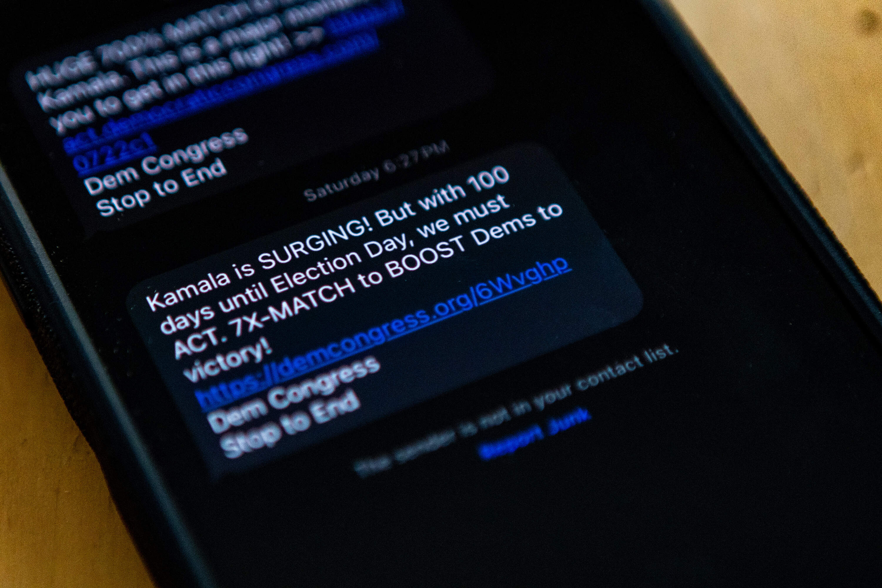 Campaign texts from the Democratic Party after President Biden dropped out of the presidential race. (Jesse Costa/WBUR)