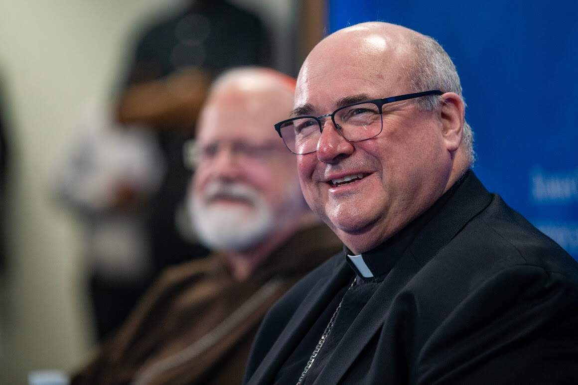 Archbishop-elect Richard Henning addresses questions from the media at a press conference on Cardinal Séan O’Malley's planned retirement (Jesse Costa/WBUR)