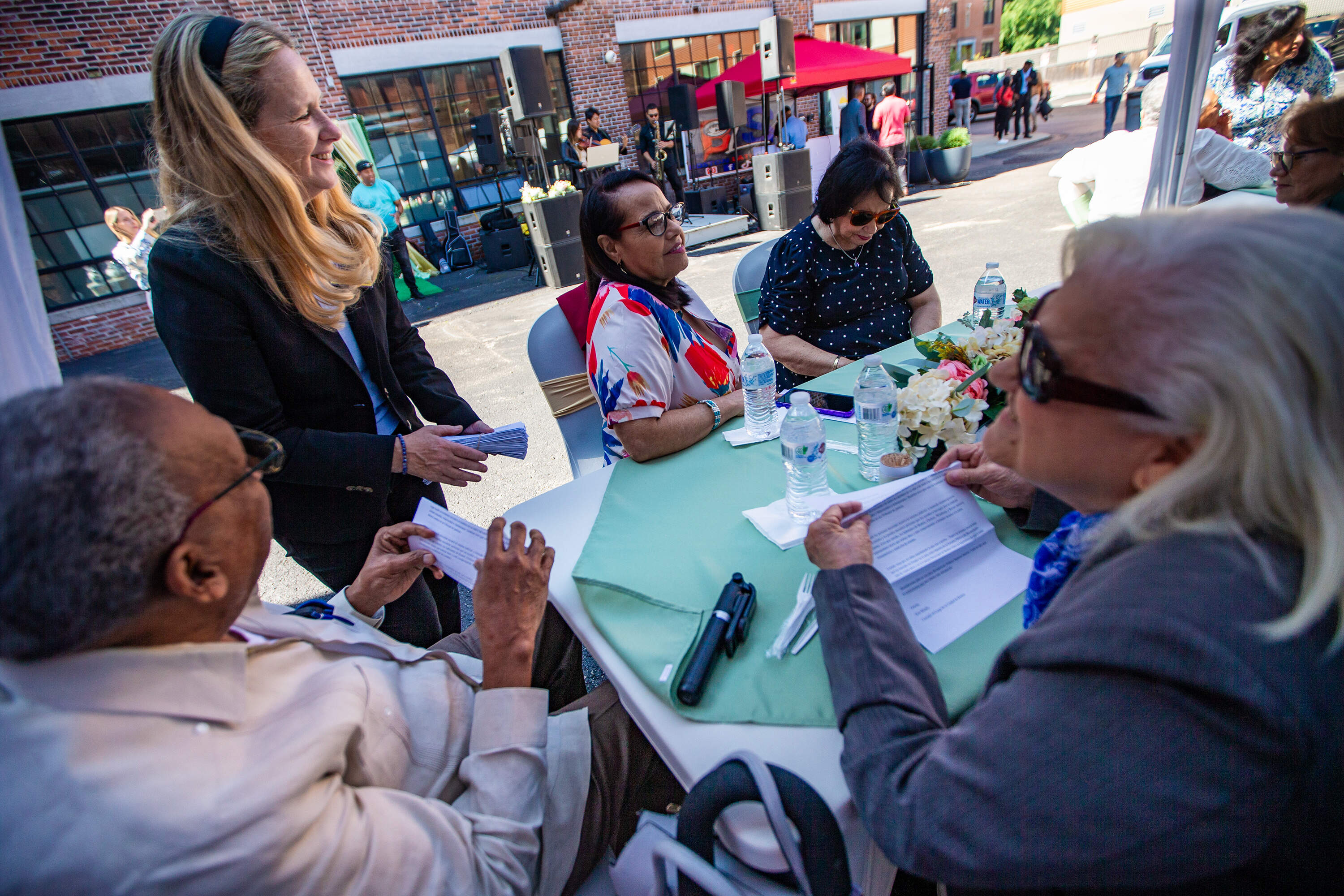 Erin Murphy campaigning at an event at the Nuevo Dia Adult Day Health Center in Roxbury. (Jesse Costa/WBUR)
