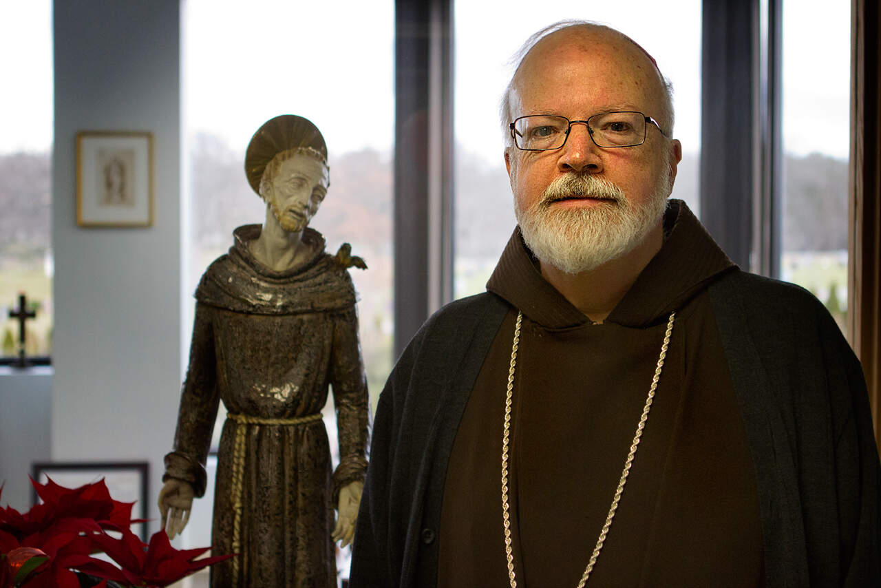 Cardinal Sean O'Malley at the archdiocese offices in Braintree in 2012. (Jesse Costa/WBUR)