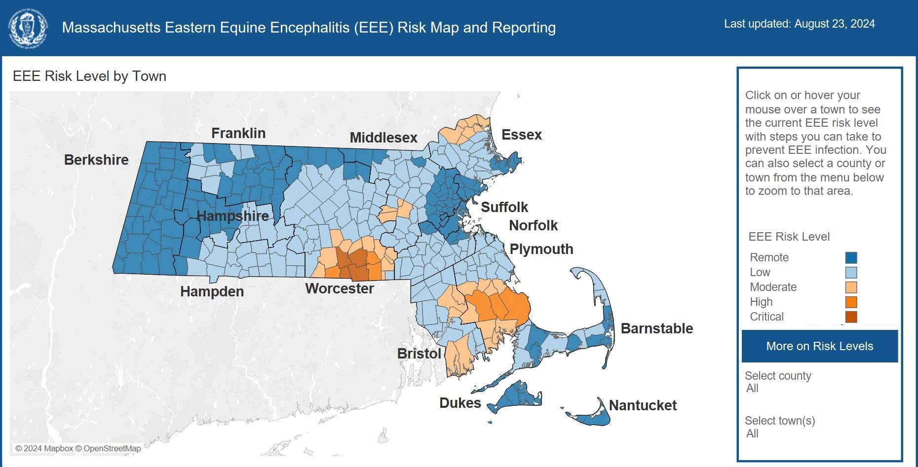 A map showing the risk levels for EEE by town in Massachusetts. (Screenshot of the Massachusetts Department of Public Health)