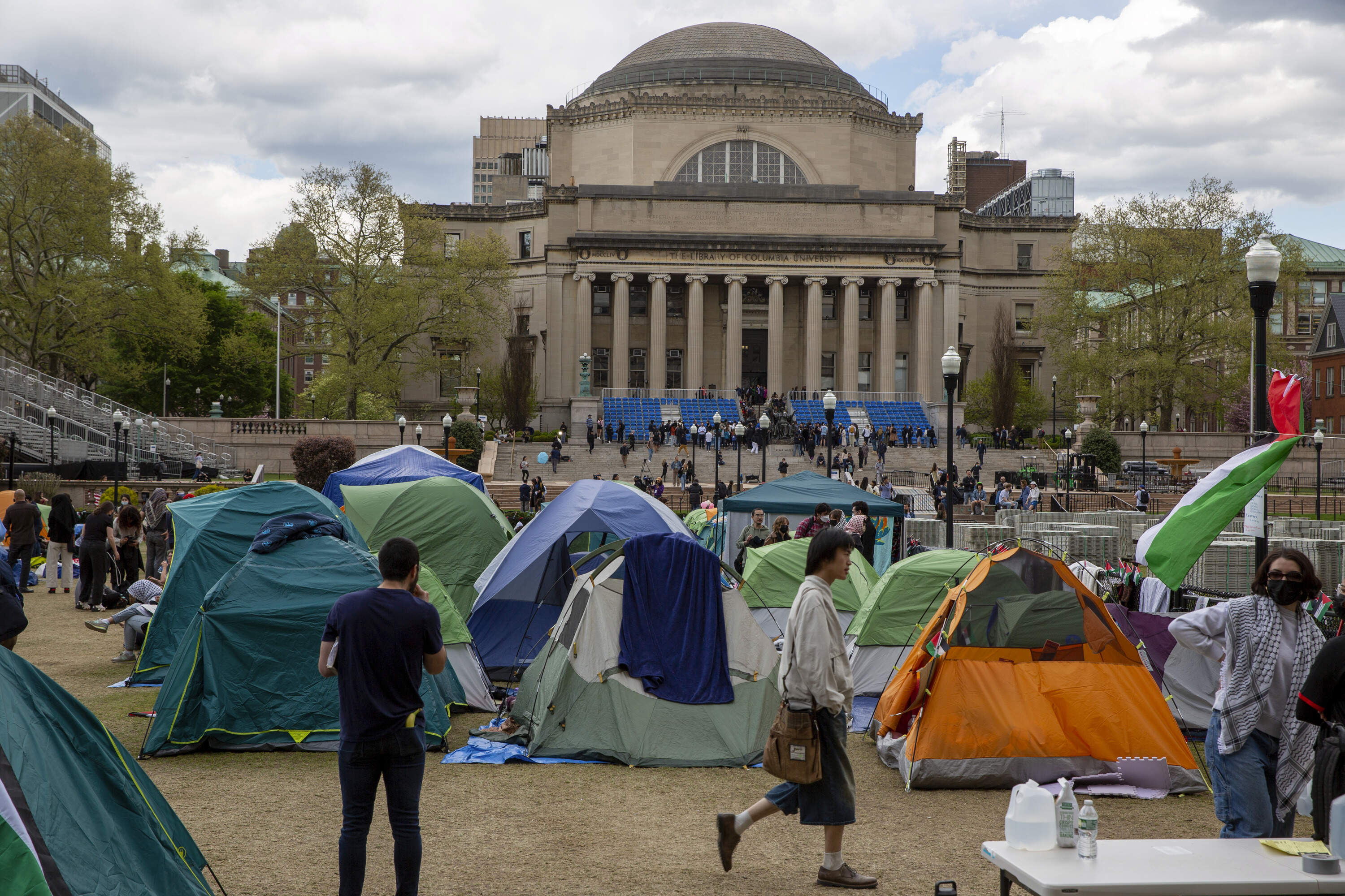 Students and other protesters are in a tent camp on the campus of Columbia University in New York on Wednesday, April 24, 2024. (Ted Shaffrey/AP)