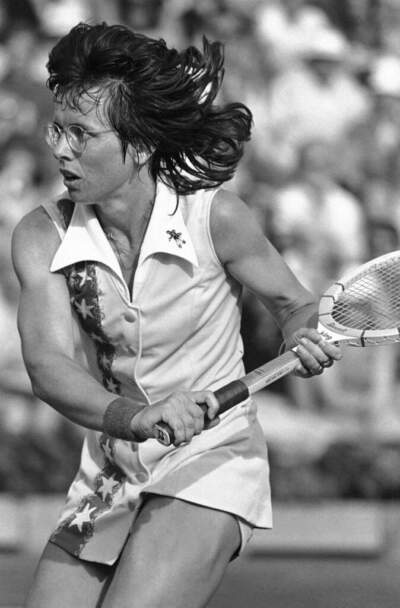Billie Jean King competes against Kerry Reid during the semifinals singles match in the Family Circle Magazine Cup tournament in Hilton Head Island, S.C., on April 2, 1977. (Kathy Willens/AP File)