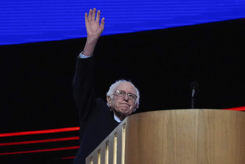 Sen. Bernie Sanders, I-Vt., waves as he speaks during the Democratic National Convention. (Brynn Anderson/AP)