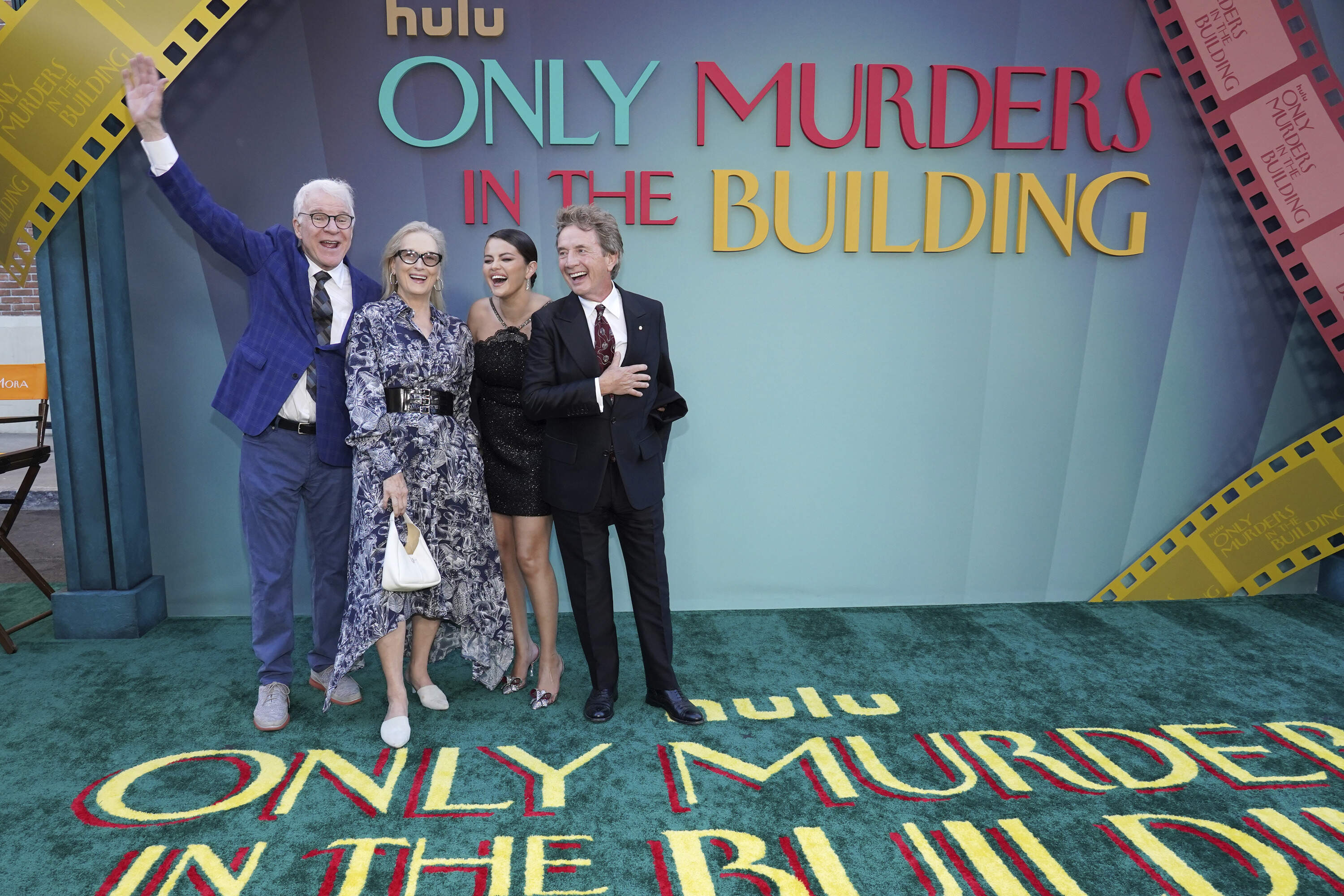 Steve Martin, from left, Meryl Streep, Selena Gomez, and Martin Short arrive at the premiere of "Only Murders in the Building" at Paramount Pictures. (Jordan Strauss/Invision/AP)