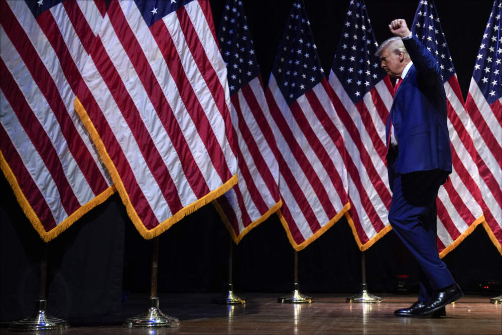 Republican presidential nominee former President Donald Trump gestures after speaking at a campaign rally in Asheville, N.C., Wednesday, Aug. 14, 2024. (AP Photo/Matt Rourke)