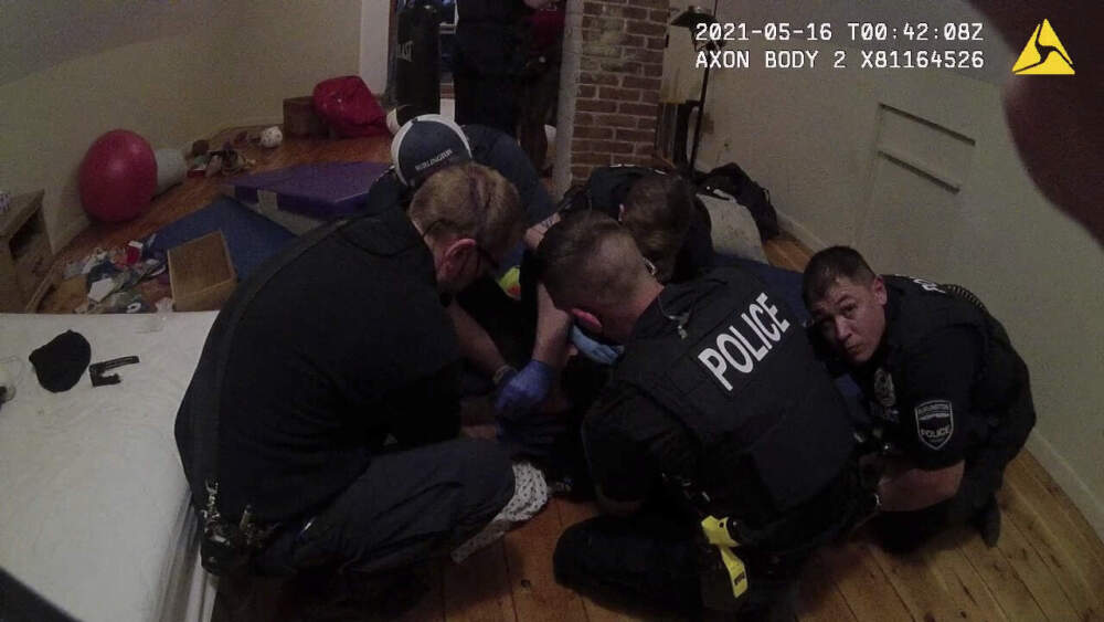This image provided by American Civil Liberties Union of Vermont shows Burlington Police Department body cam footage of a police interaction with a Black teen in his home on May 15, 2021 in Burlington, Vt. (Burlington Police Department/American Civil Liberties Union of Vermont via AP)