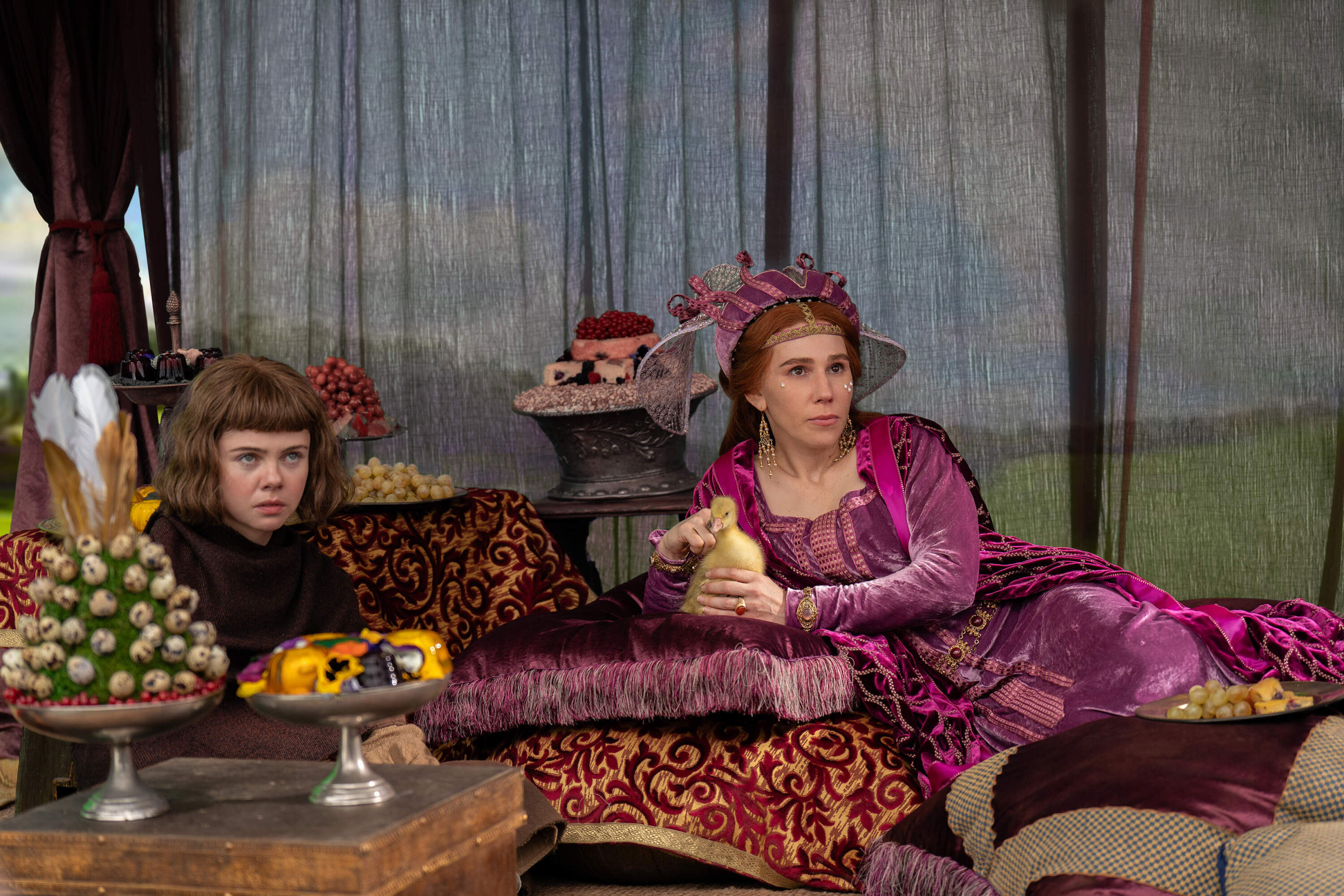 Saoirse-Monica Jackson as Misia and Zosia Mamet as Pampinea in "The Decameron." (Courtesy of Giulia Parmigiani/Netflix)