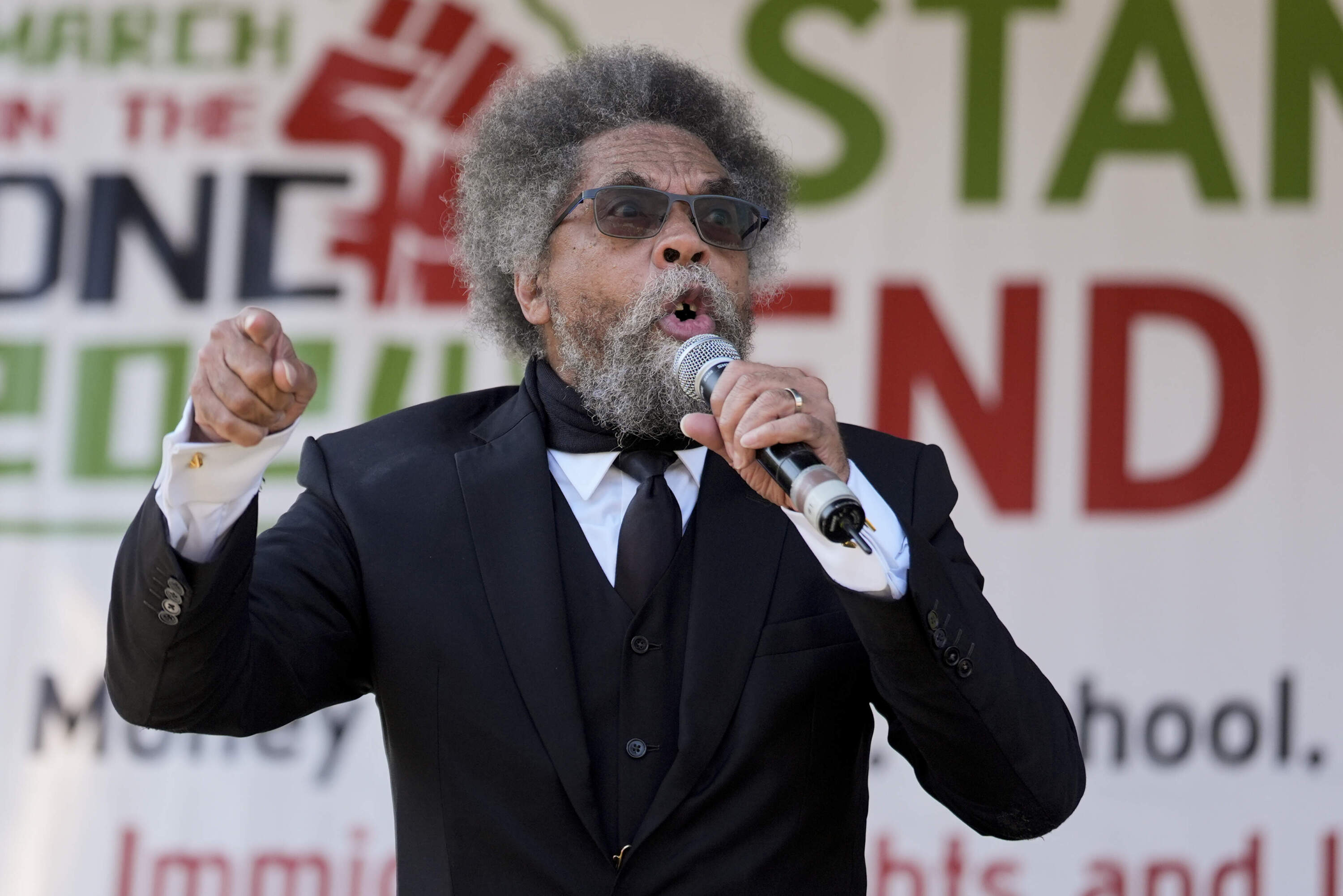 Progressive activist Cornel West speaks during a demonstration prior to a march to the Democratic National Convention Monday, Aug. 19, 2024, in Chicago. (Alex Brandon/AP)