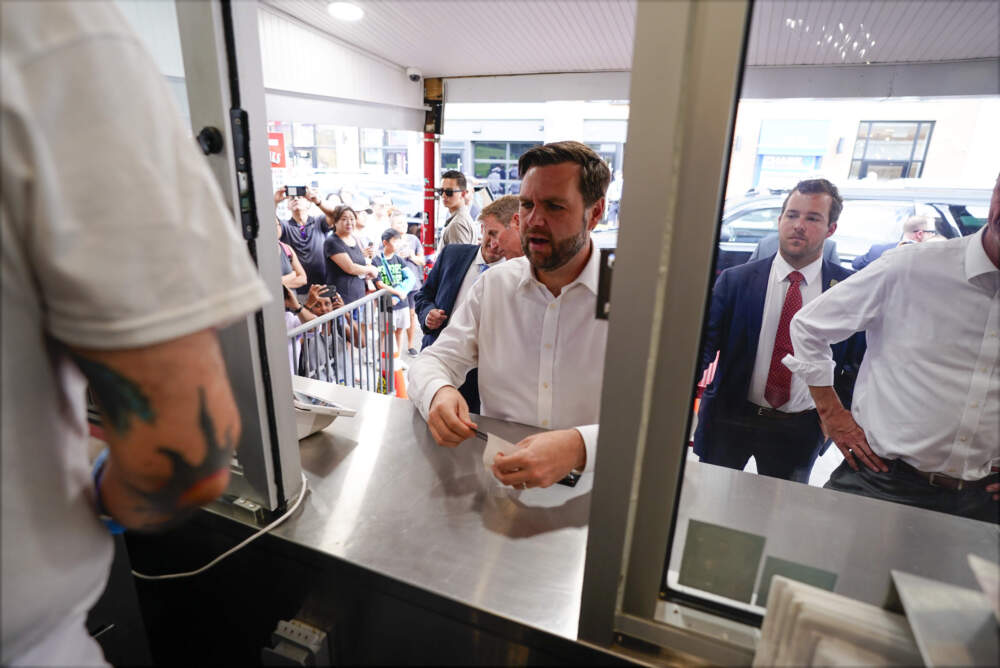 Republican vice presidential nominee Sen. JD Vance, R-Ohio, makes a stop at Pat's King of Steaks Monday, Aug. 19, 2024, in Philadelphia. (AP Photo/Chris Szagola)