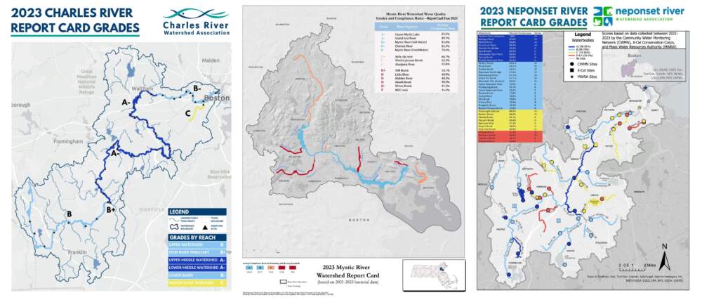     EPA report cards for the Charles, Mystic and Neponset watersheds. (Courtesy of the Charles, Mystic and Neponset Watershed Associations)