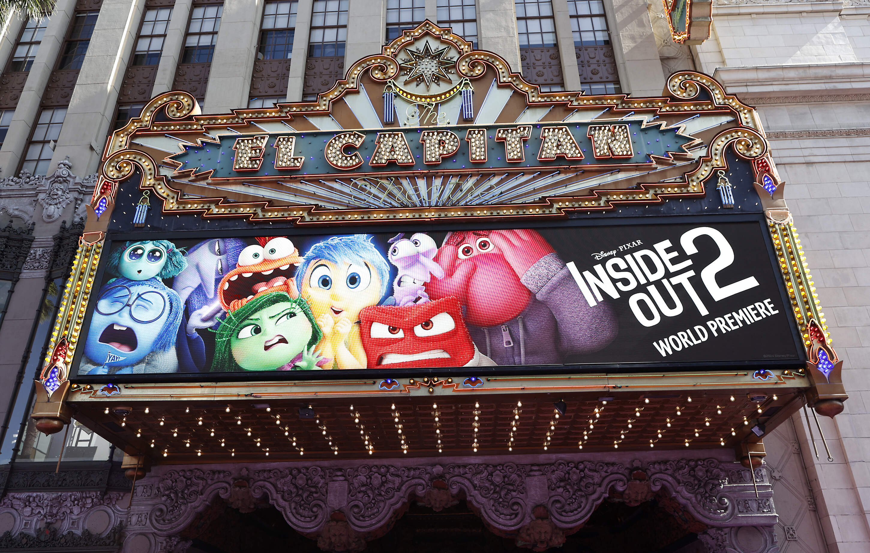 View of the theatre marquis at the world premiere of Pixar's "Inside Out 2" at El Capitan Theatre in Los Angeles, California on June 10, 2024. (Michael Tran/AFP via Getty Images)