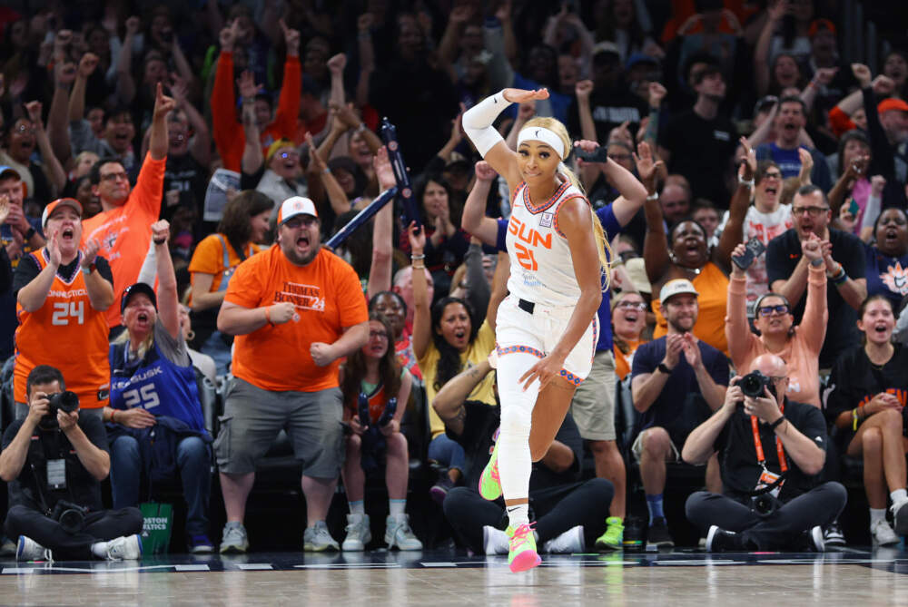 Connecticut Sun guard DiJonai Carrington (21) reacts during a WNBA game between Los Angeles Sparks and the Sun on August 20, 2024, at TD Garden in Boston, MA. (M. Anthony Nesmith/Icon Sportswire via Getty Images)
