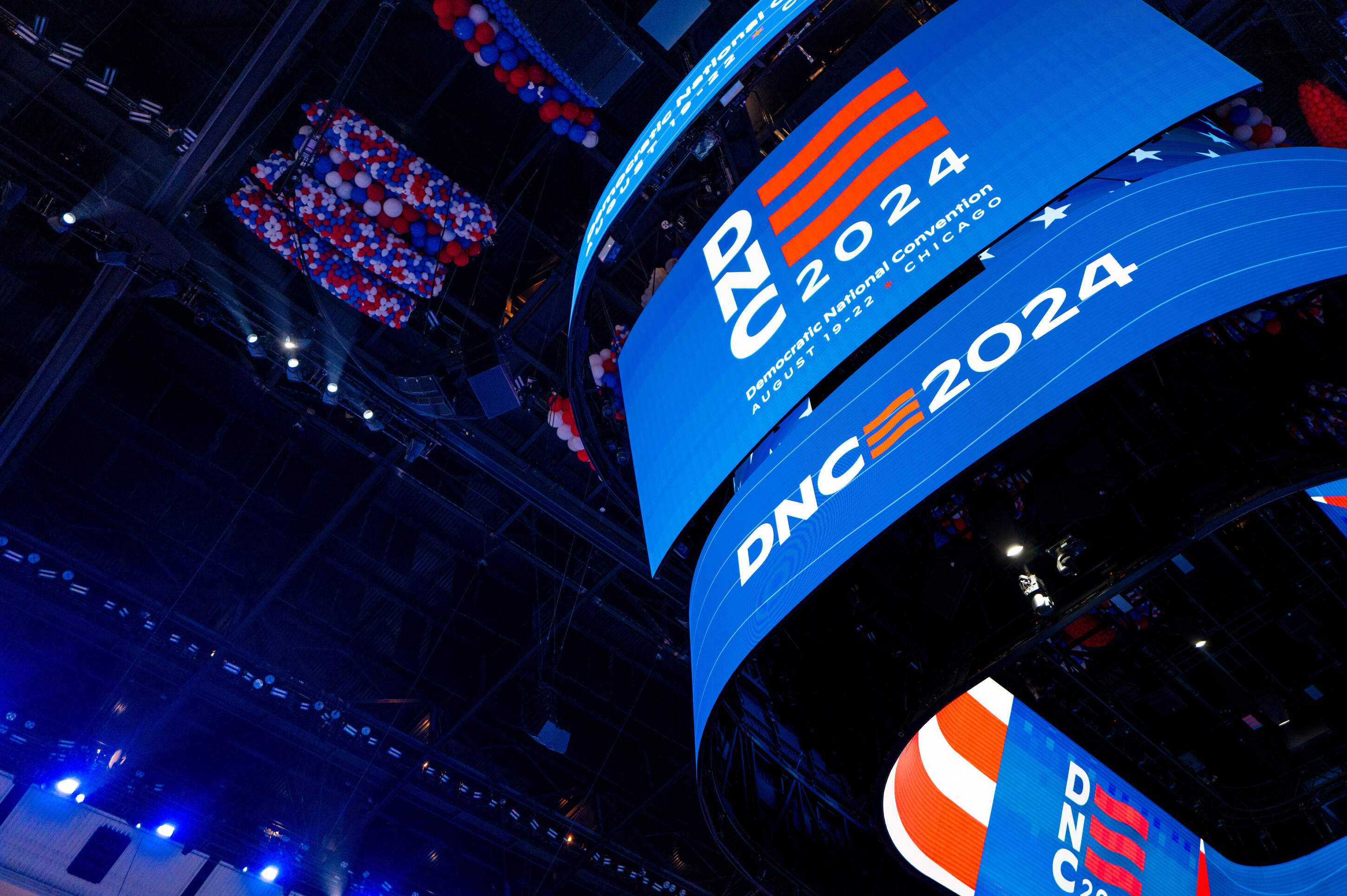 A scoreboard displays 'DNC 2024' ahead of the Democratic National Convention (DNC) at the United Center on August 16, 2024 in Chicago, Illinois. The United Center will host the DNC, which is officially scheduled to kick off on Monday, August 19 and run through Thursday, August 22. (Getty Images/AP)