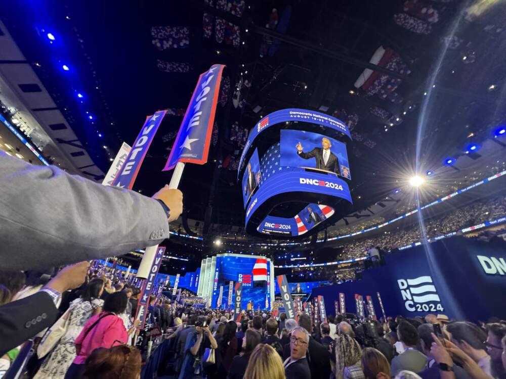 Former President Barack Obama speaks on night two of the Democratic National Convention. (Chris Bentley/Here & Now)